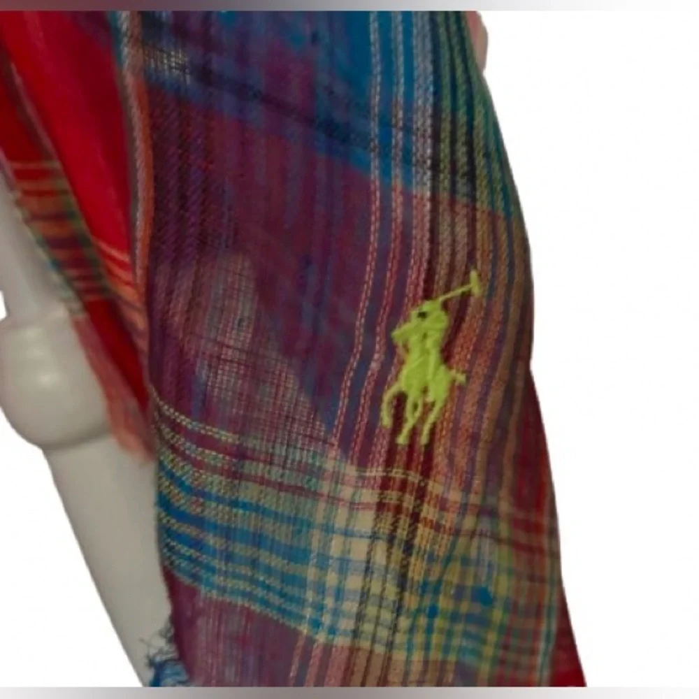 Polo Ralph Lauren Linen Plaid Red Aqua Colorful Linen Scarf Logo Embroidered
